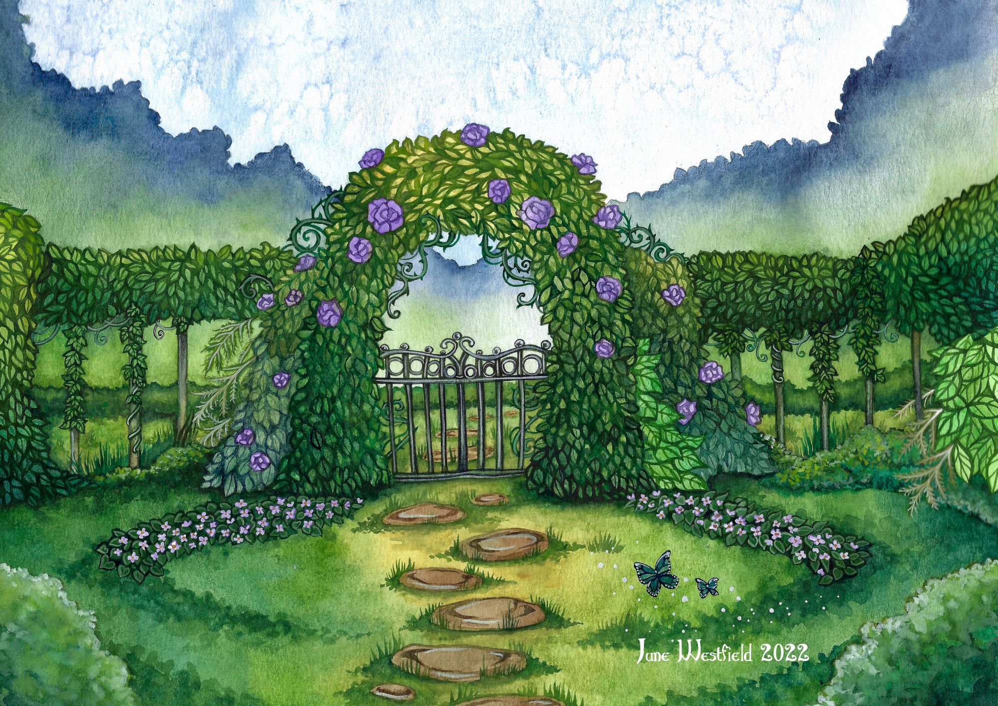 A magical green garden with a purple rose hedge, violets on either side of the path leading to a gate, and blue butterflies on the lower right.