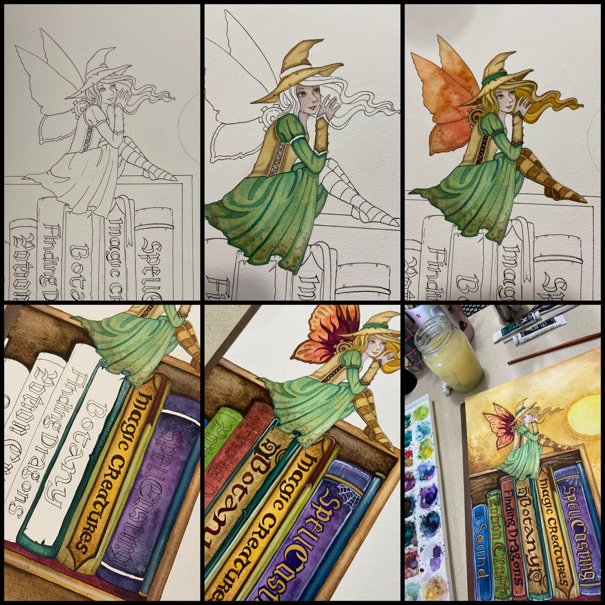 6 photos a painting of a fairy sitting on a bookshelf in progress