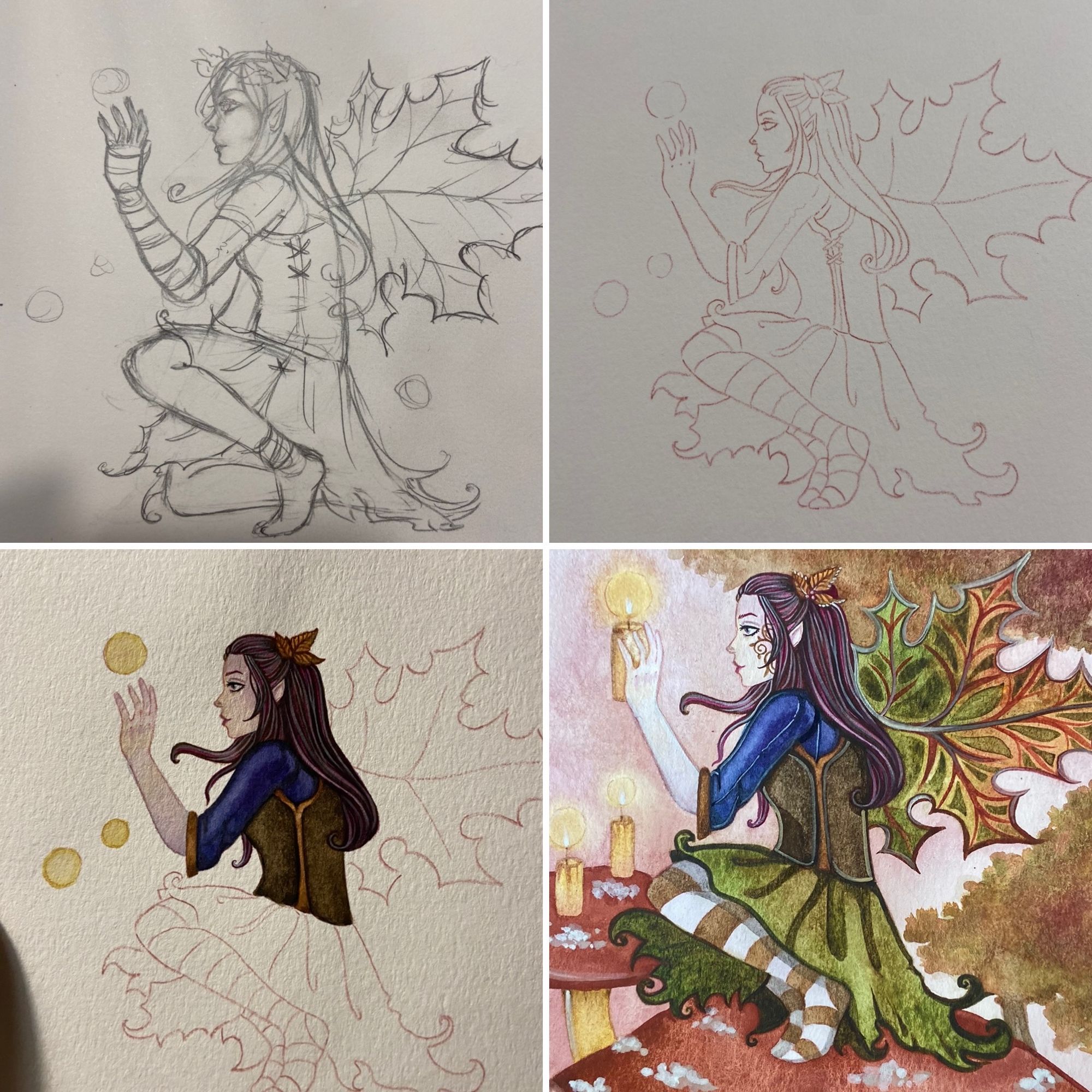 A fairy painting in 4 different stages of progress, from sketch to watercolor 