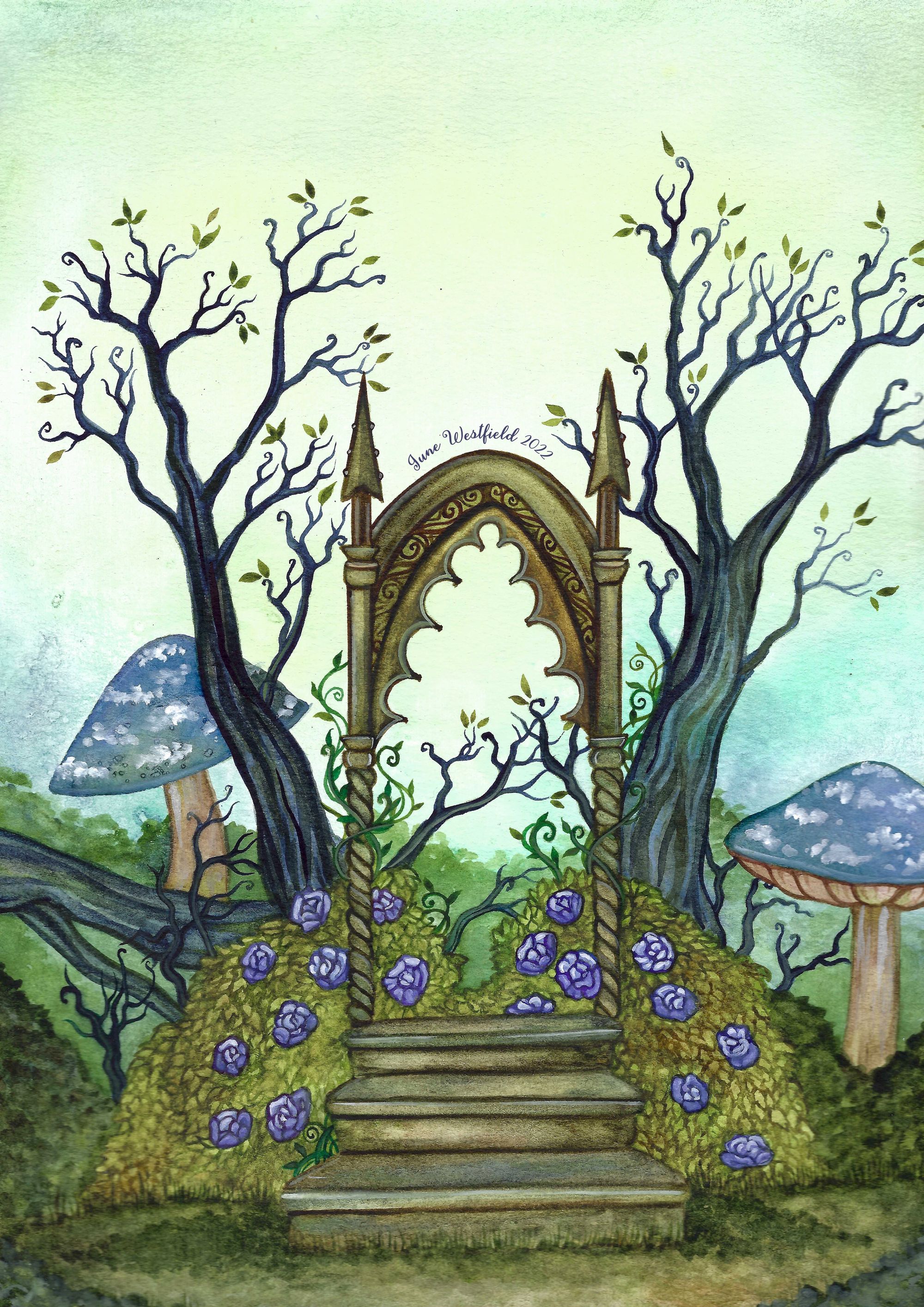 A fairytale scene of a gothic arch between purple rose bushes, two trees, and giant blue mushrooms