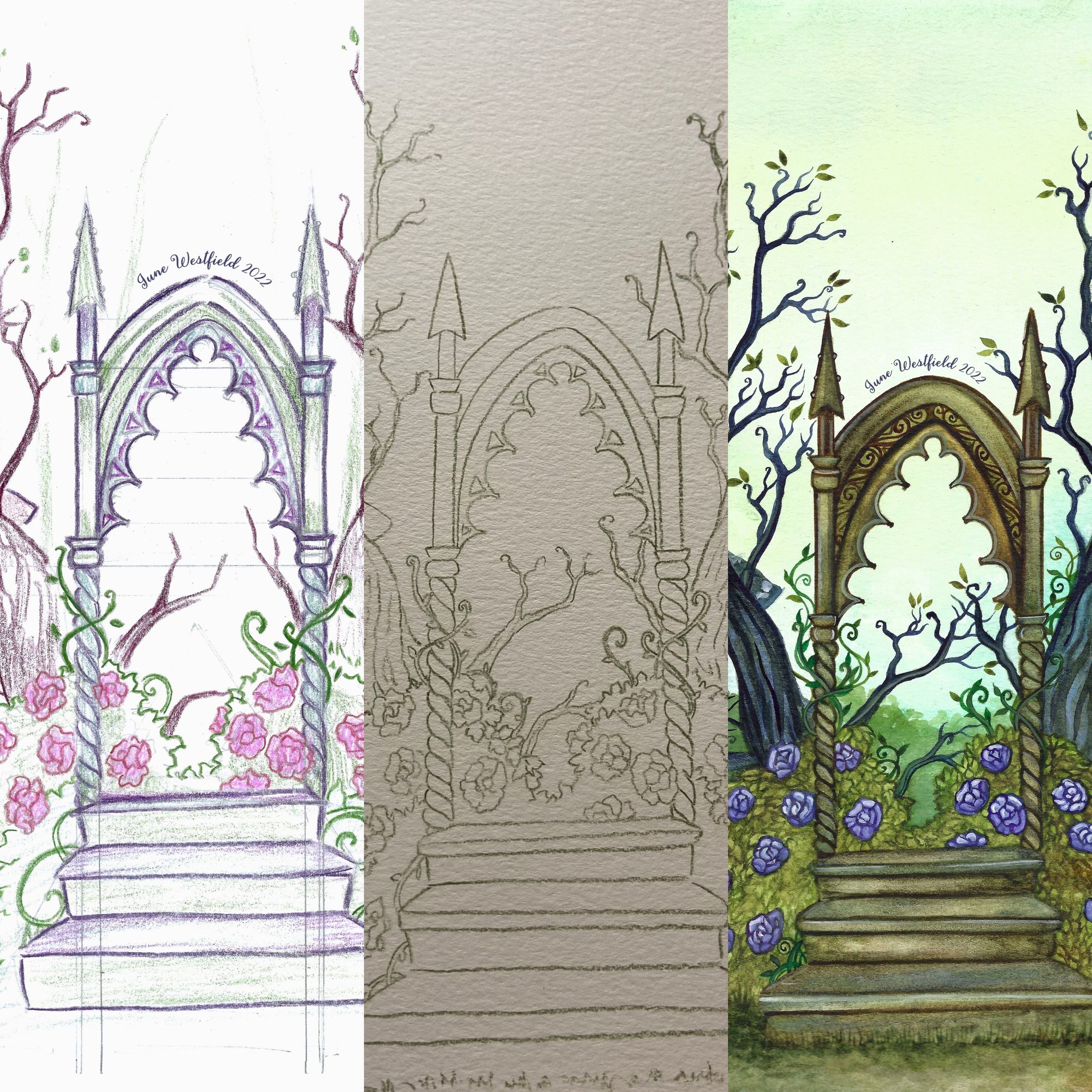 a painting of a gothic arch in a forest, in 3 stages of development