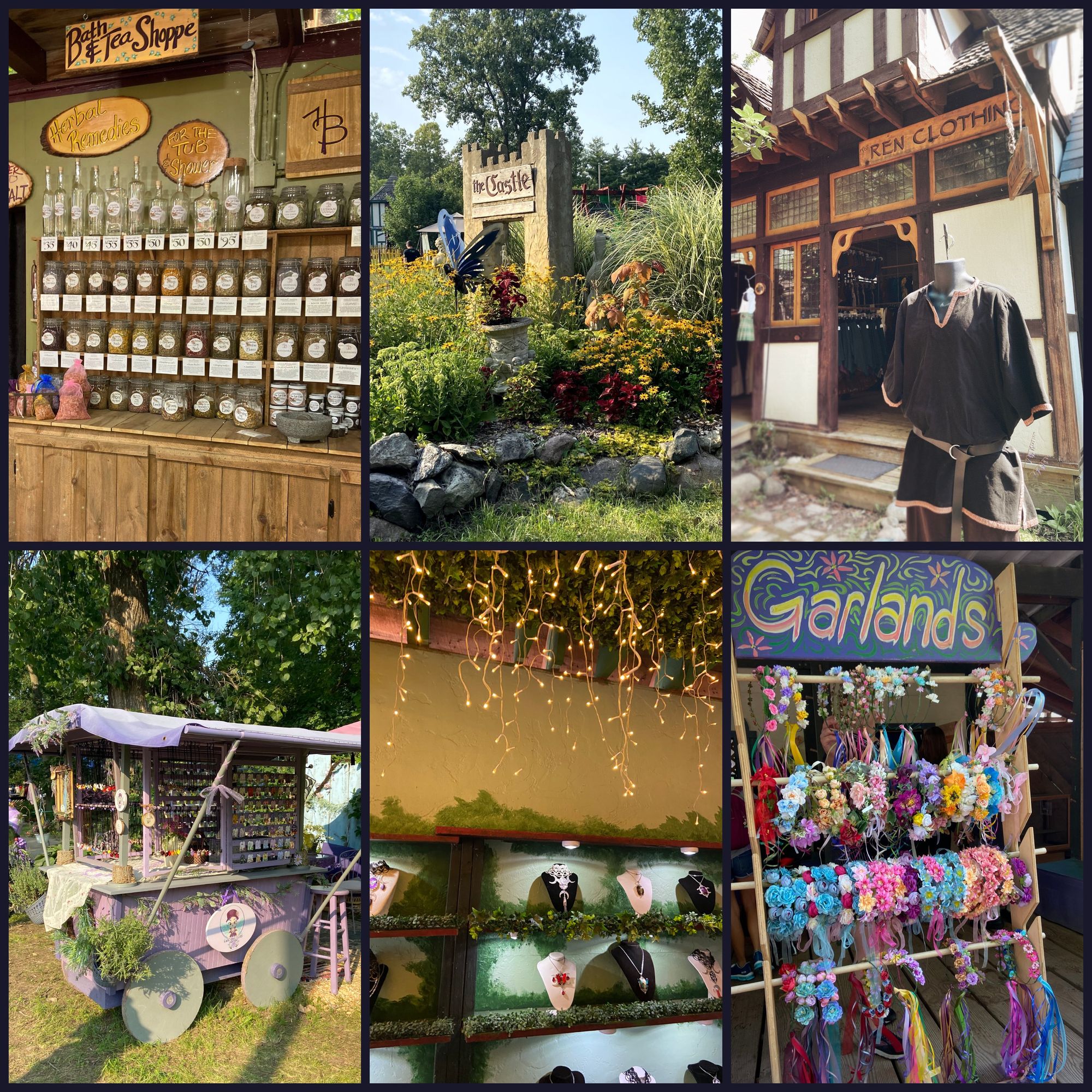 6 photos of the tea shop, the castle sign, the clothing shop, a jewelry cart, fairy-lights hanging from the ceiling, and a rack of flower crowns