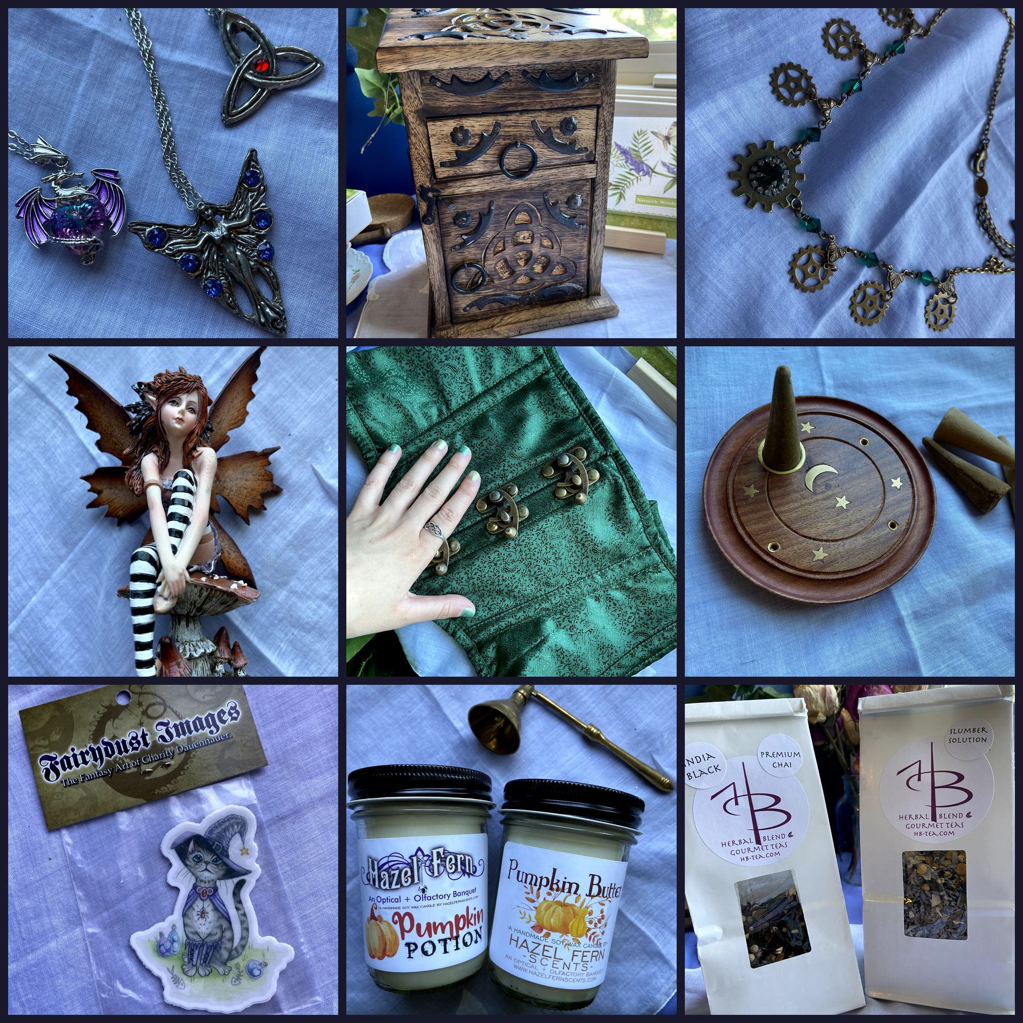 9 photos: 3 metal charms, a Celtic knot cupboard, steampunk necklace, Amy Brown fairy statue, corset, incense, wizard cat sticker, 2 candles, 2 types of tea