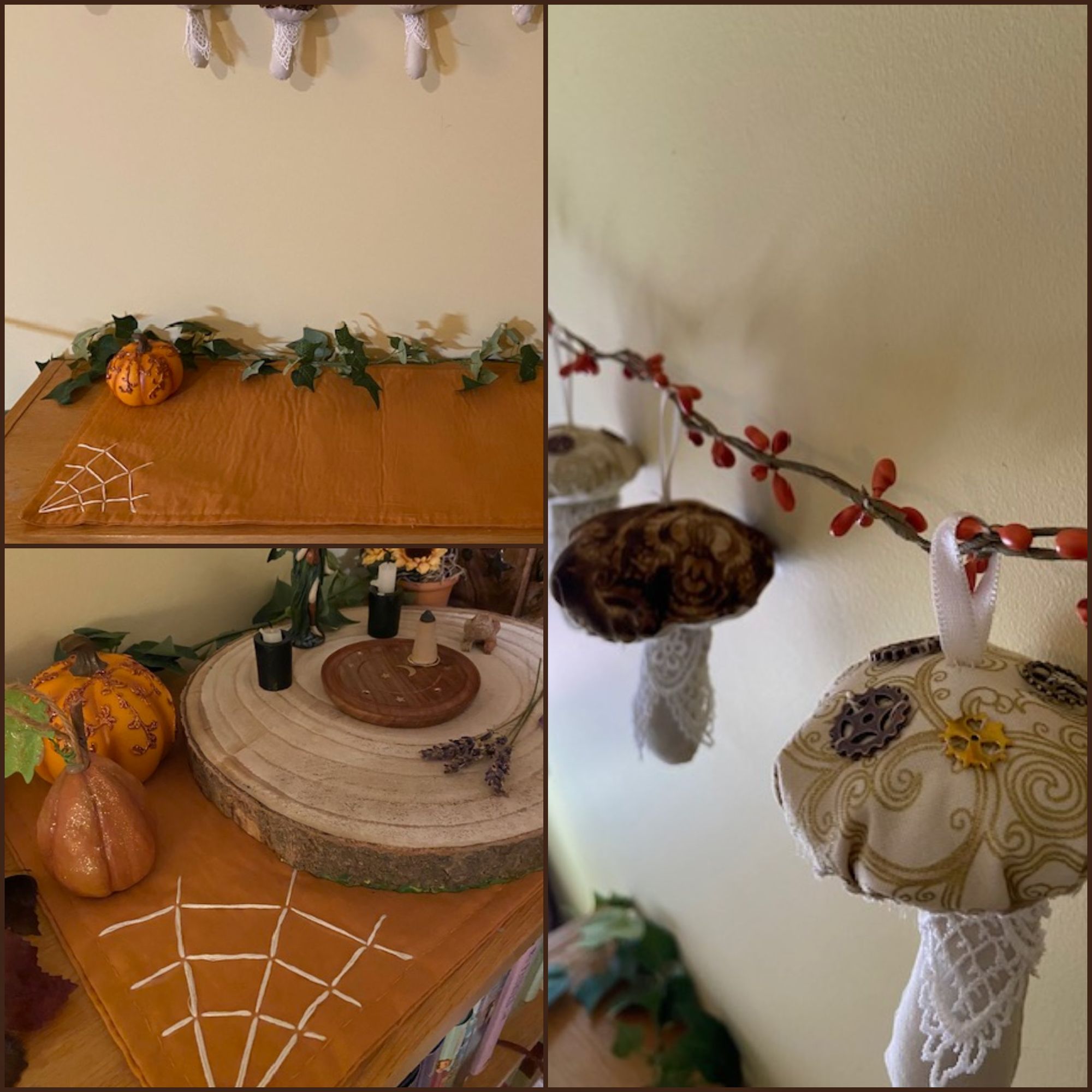 An orange rectangle cloth with spiderwebs embroidered into the corners, and a string of brown cloth mushrooms on an autumn garland