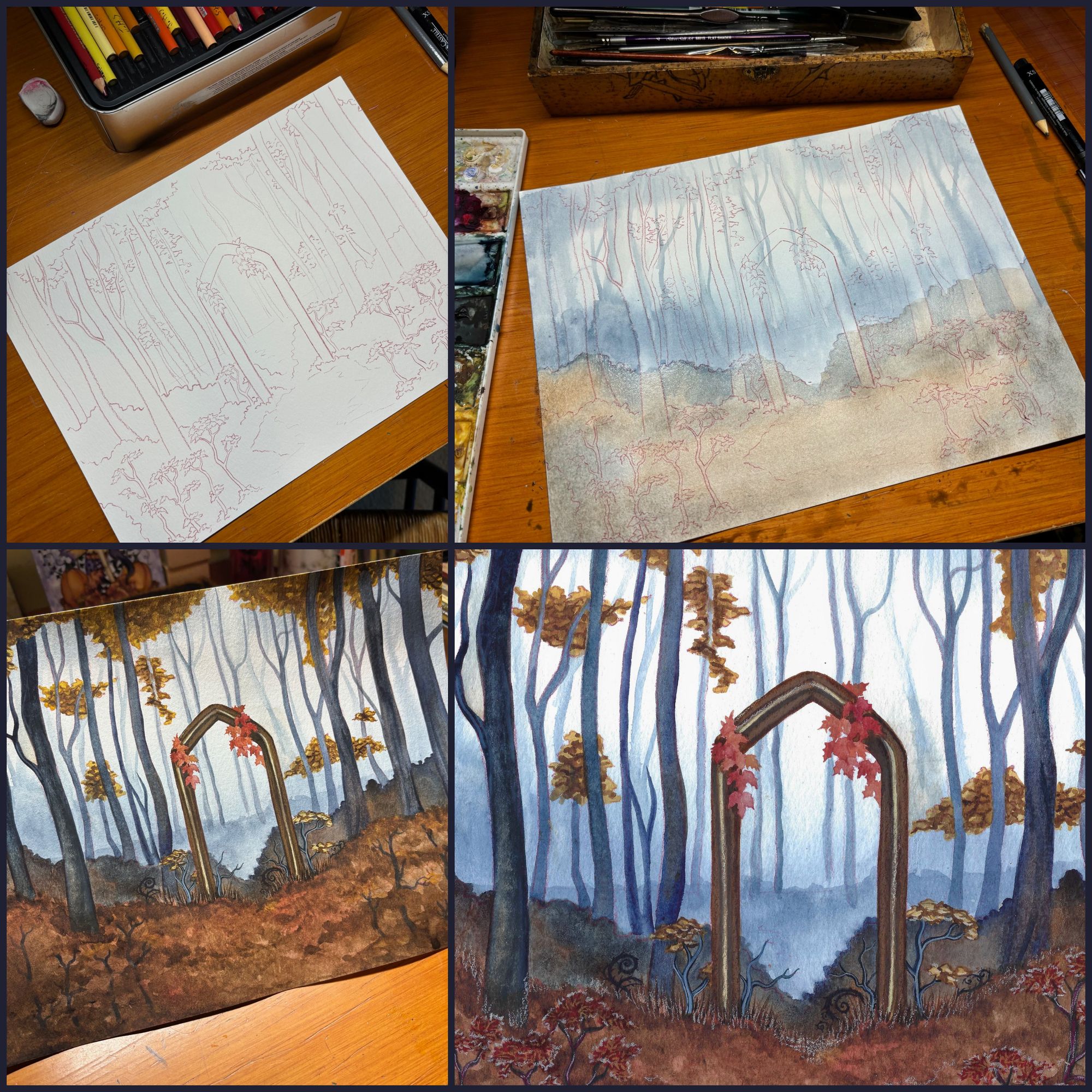 Four in progress pictures of the video art for Forest Elves, showing various stages of painting