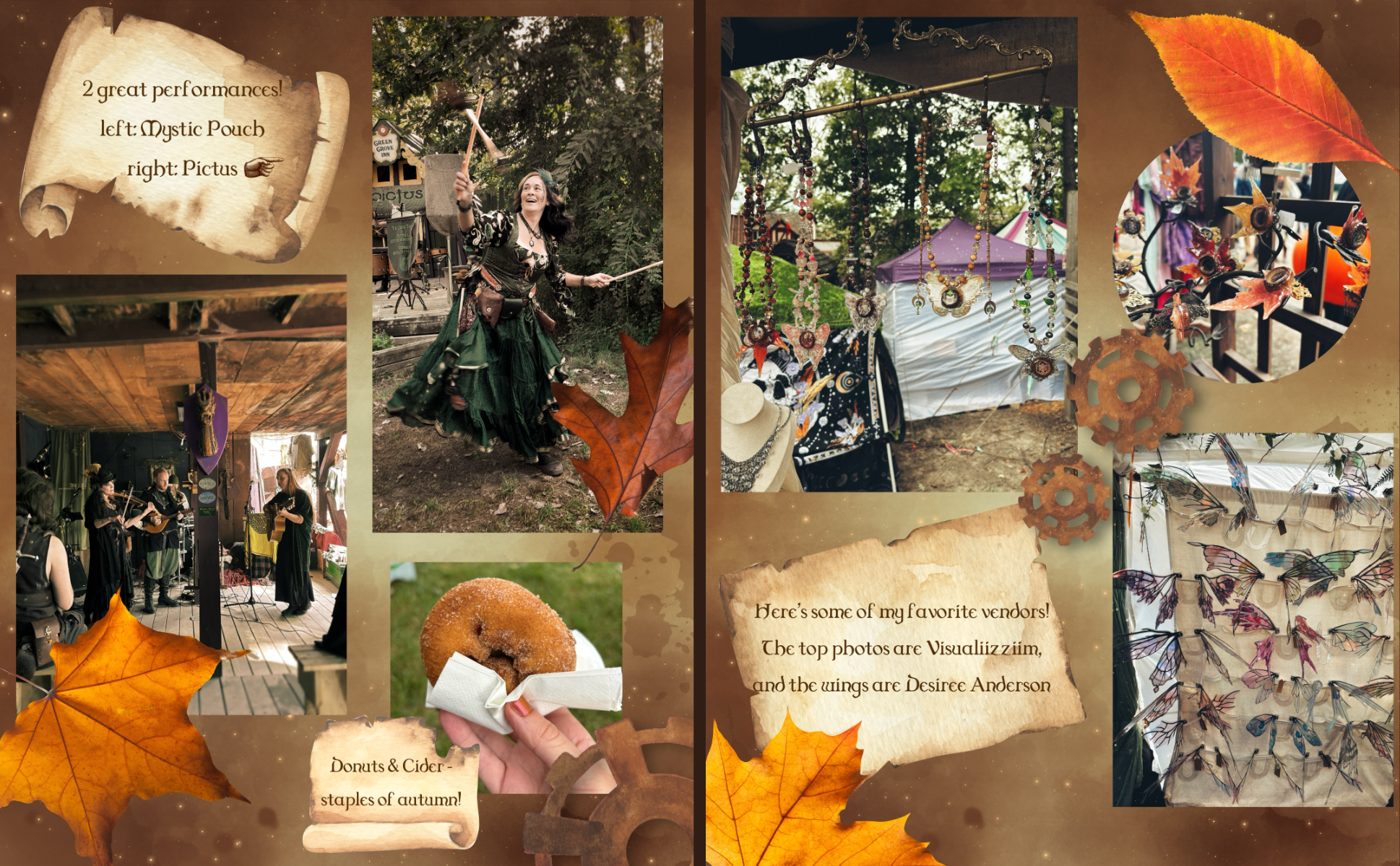 two scrapbook style images, with photos of musicians, acorn jewelry, and fairy wings