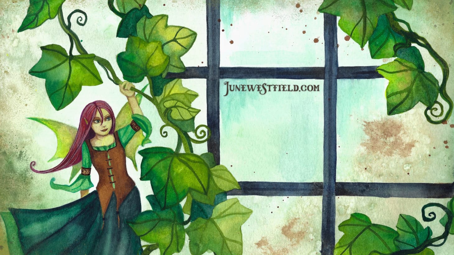 A red haired fairy hides behind ivy vines that grow against a greenhouse window